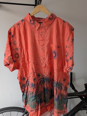 chubbies Coral Button-Down Shirt with Navy Tropical Print